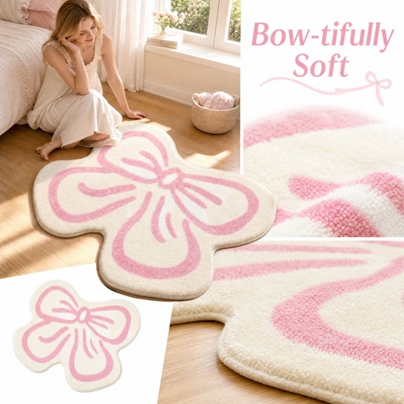 Bow Rug Cute Pink Bow Shaped Plush Accent Rug Non Slip Soft Decor for Girls Bedroom Nursery Playroom Home