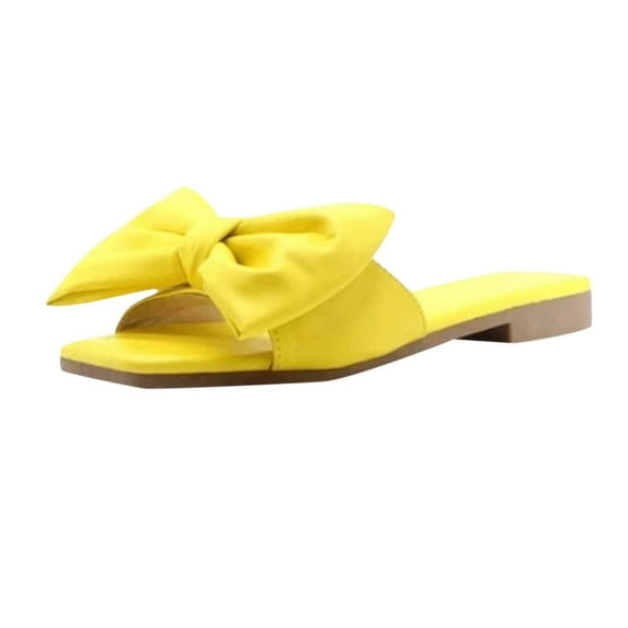 Bow Sandals Slides for Women Solid Color Slide Sandals Square Open Toe Slip On Summer Breathable Flat Sandals Yellow Women Sandal
