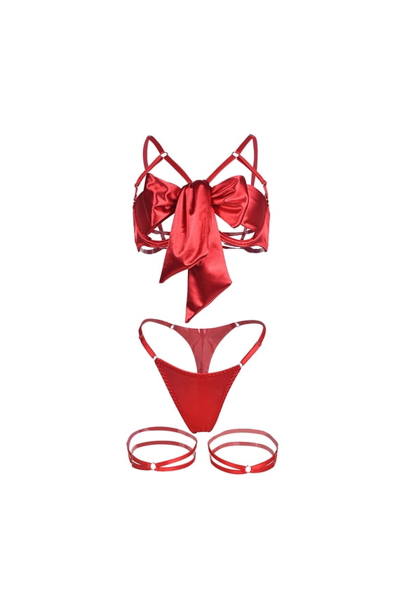 Bow Satin Strappy Harness Boned Corset Garter Lingerie Set Lingerie for Women Red S