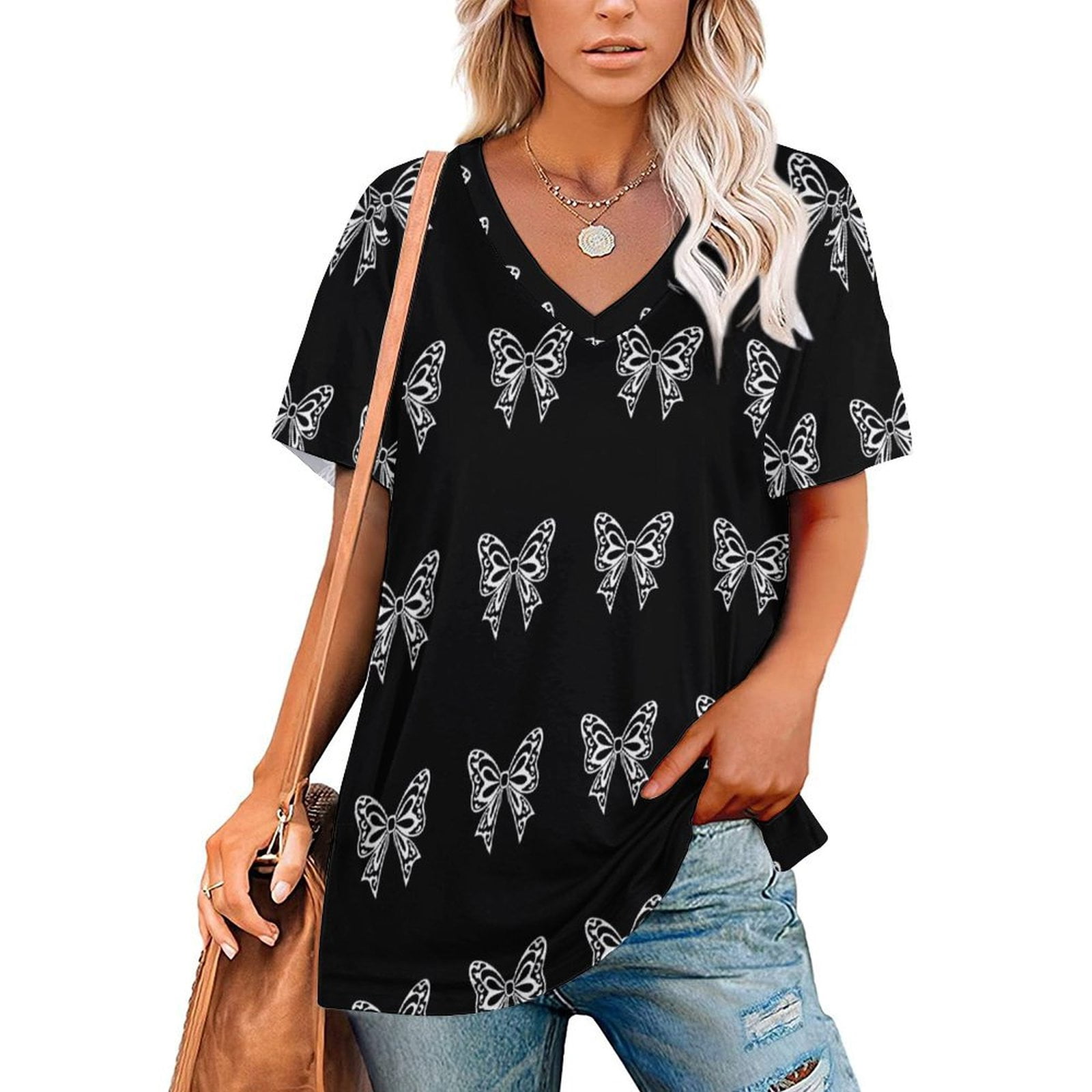 Cute Leopard Bow T-Shirt For Women - Casual Short Sleeve Graphic Tee Top