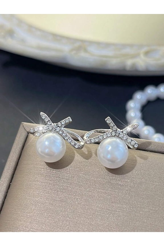 Bow-Shape Faux Pearl Rhinestone Stud Earrings Silver-3 Pair,Silver