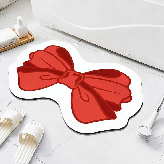 Bow Shaped Absorbent Bath Mat for Bathroom and Entryway, Non-Slip Quick Drying Soft Floor Mat, Red Waterproof Home Decor Rug for Shower Tub Sink Entrance with Skid-Proof Design