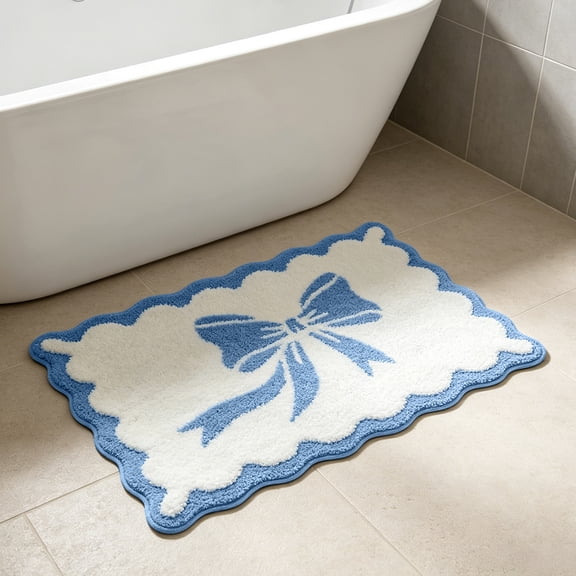 Bow Shaped Bath Rug, Soft Flocked Velvet Floor Mat with Non-Slip Latex Backing, Absorbent Shower Mat for Bathtub & Bathroom, Cute Home Decor, Blue
