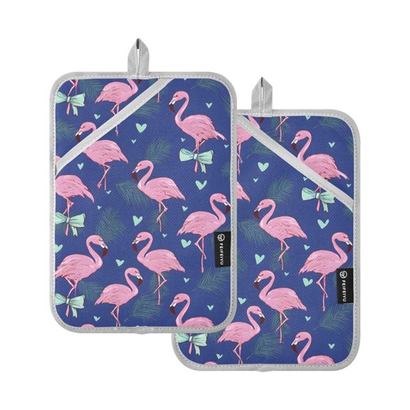 Bow Shaped Flamingo Pattern Pot Holder Set 2 Piece Non-Slip Oven Hot Pads Heat Resistant Durable 7x9.8in