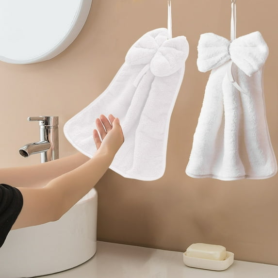Bow Shaped Hand Towel Hanging Kitchen Bathroom Absorbent Soft Fleece Non Shedding Cute Design Quick Dry Wiping Cloth for Cup Lid Pot Drying Home Cleaning
