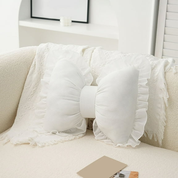 Bow Shaped Pillow Cute Ruffle Lumbar Cushion for Sofa,Bed & Car Backrest Home Decoration Pillow in White 32x40cm