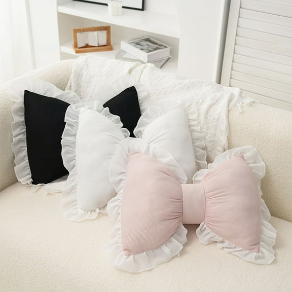 Bow Shaped Pillow | White Pink Ruffled Accent | Soft Cotton Mesh Lumbar Cushion | Decorative Sofa, Bed, Car Backrest | 1 Piece | 12.59x15.74in | Home Decor