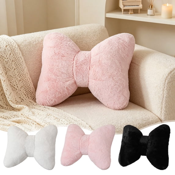 Bow Shaped Throw Pillow, 14" x 13" Soft Fluffy Sofa Cushion, Home Decor for Bedroom and Living Room, Pink
