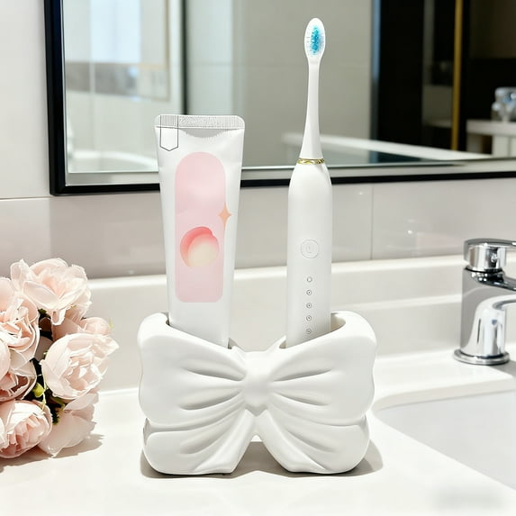 Bow-Shaped Toothbrush Holder 1PC,Bathroom Organizer 5.51x3.54x1.57in,Resin Countertop Storage for Sink Area, Keeps Brushes Separate & Tidy, Perfect for Shared Households & Gifts(White)