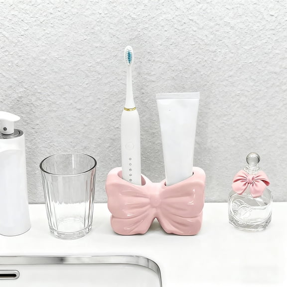 Bow-Shaped Toothbrush Holder with Multiple Slots, 5.51 x 3.54 Inches Resin Bathroom Organizer for Countertop, Sink, Keeps Brushes Separate, Decorative and Functional