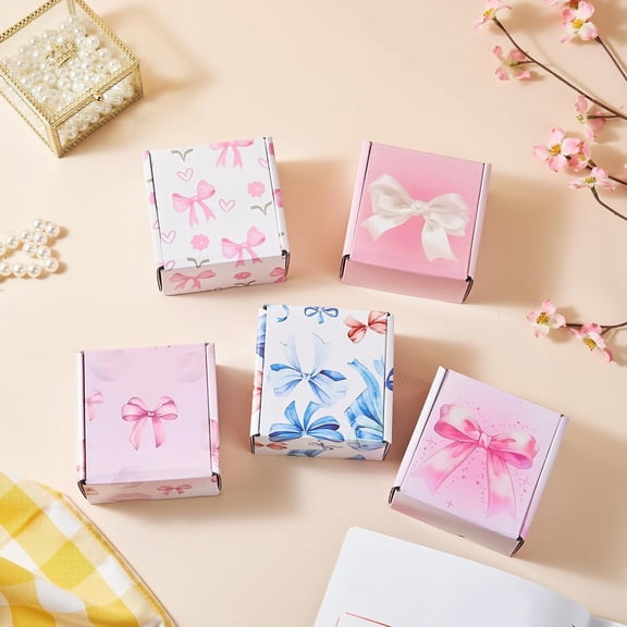 Bow Shipping Boxes Pack of 25, 4x4x2 inches Boxes Small Cardboard Corrugated Mailer Shipping Boxes for Small Business(5 patterns)