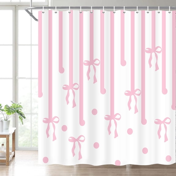 Bow Shower Curtain Cute Pink White Bowknot Modern Stripes Bathroom Curtains Aesthetic Abstract Dots Pretty Coquette Style Girls Princess Bathbub Decor with Hooks 54"W x 78"L (Pack of 1)