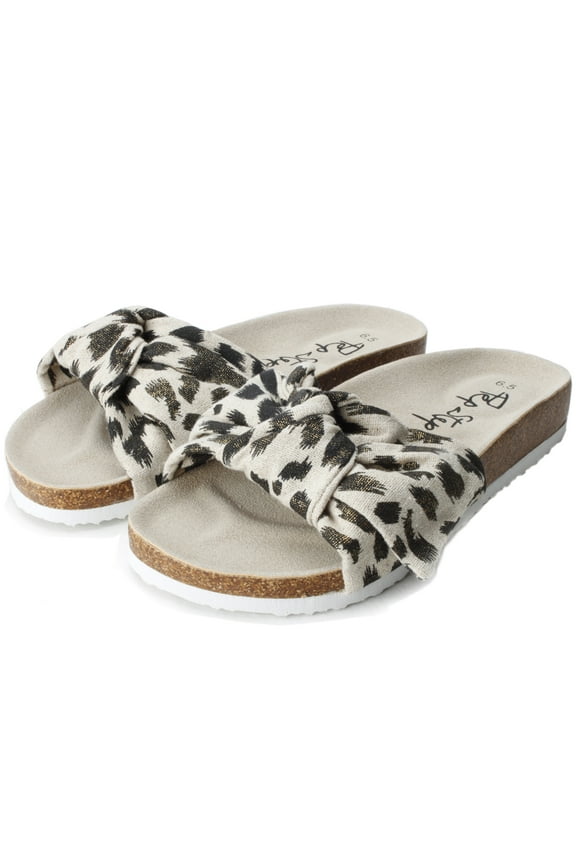 Bow Slide Sandals for Women or Ladies, Canvas Upper, Cork Insole Footbed, Slip On Dressy Sandals for Summer Casual