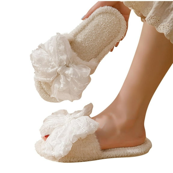 CHUMUD Bow Slippers for Women Soft Open Toe Ladies Slippers Indoor Outdoor Memory Foam House Shoes Slip on Fluffy Slippers