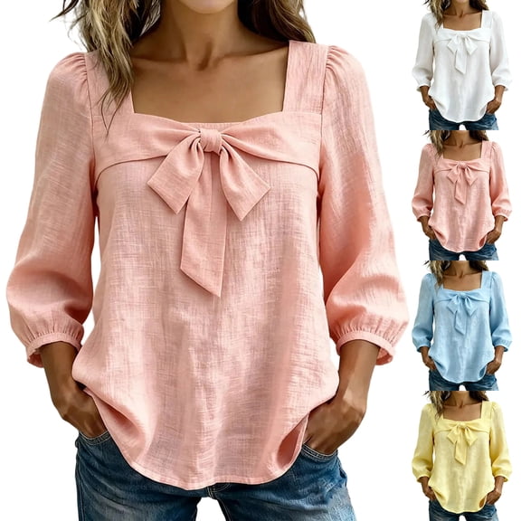 Bow Square Neck Blouse for Women, Long Sleeve Puff Sleeve Top - Casual Solid Color Tunic Shirt with Tie Front Detail Light Blue S