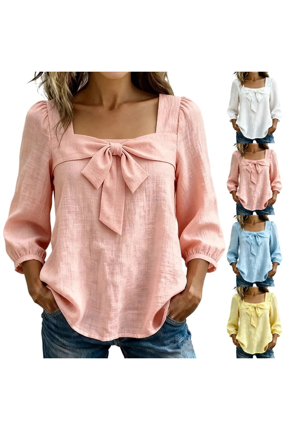 Bow Square Neck Blouse for Women, Long Sleeve Puff Sleeve Top - Casual Solid Color Tunic Shirt with Tie Front Detail Pink S