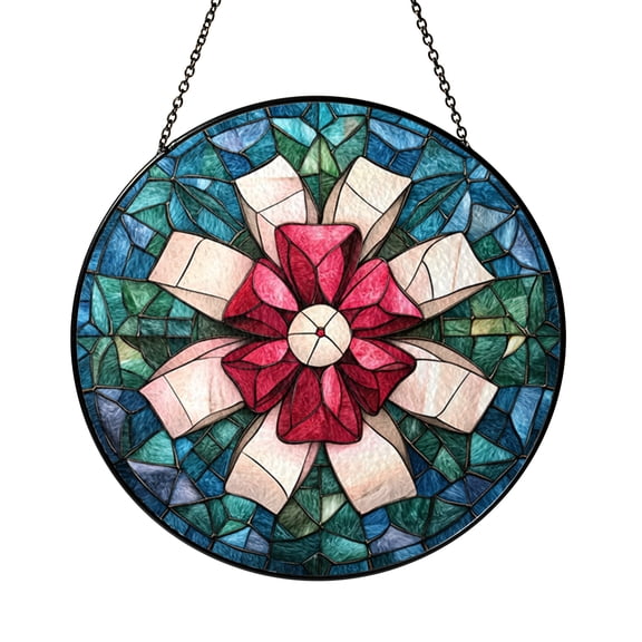 Bow Stained Glass Window Panel Featuring Pink Red and White Ribbon Bows on Blue Background Decorative Glass Art for Home Interior Window Display