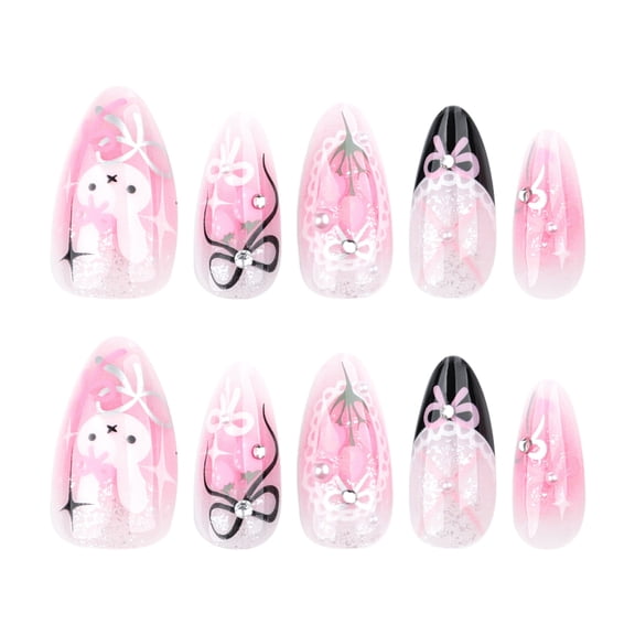 Bow, Star, and Bunny Press on Nails in Pink, Black, and White, Short Almond Glitter False Nails with Rhinestone Accents, 24 Count