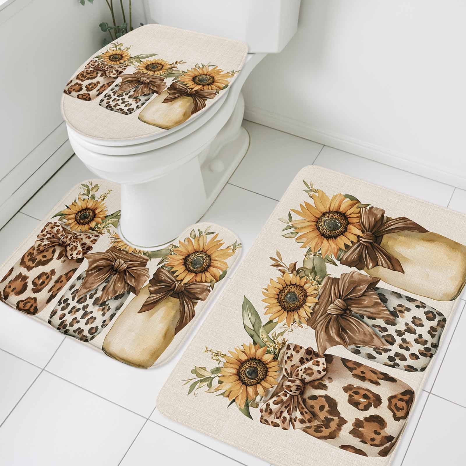 Bow Sunflower Bathroom Rugs Set Fall Leopard Print Vase Floral Plant ...