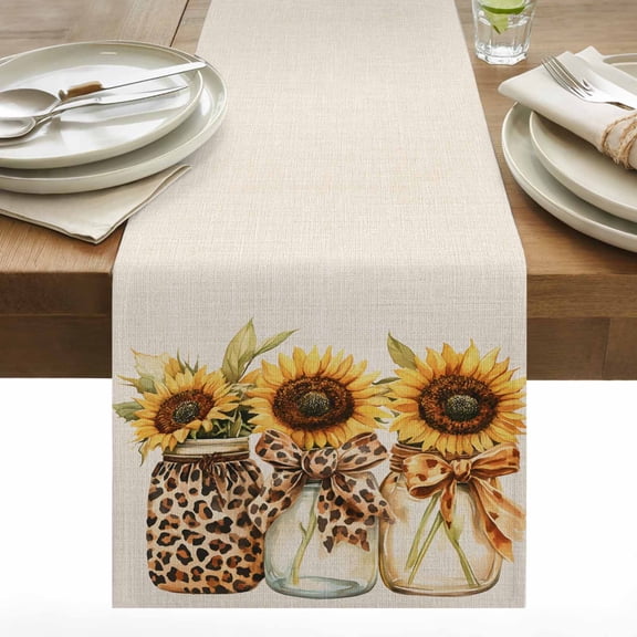 Bow Sunflowers Cotton Linen Table Runner Fall Leopard Print Vase Floral Plant Farm Linen Texture Dining Table Runners for Home Decor Party Dining Room Restaurant Kitchen 13" x 48"