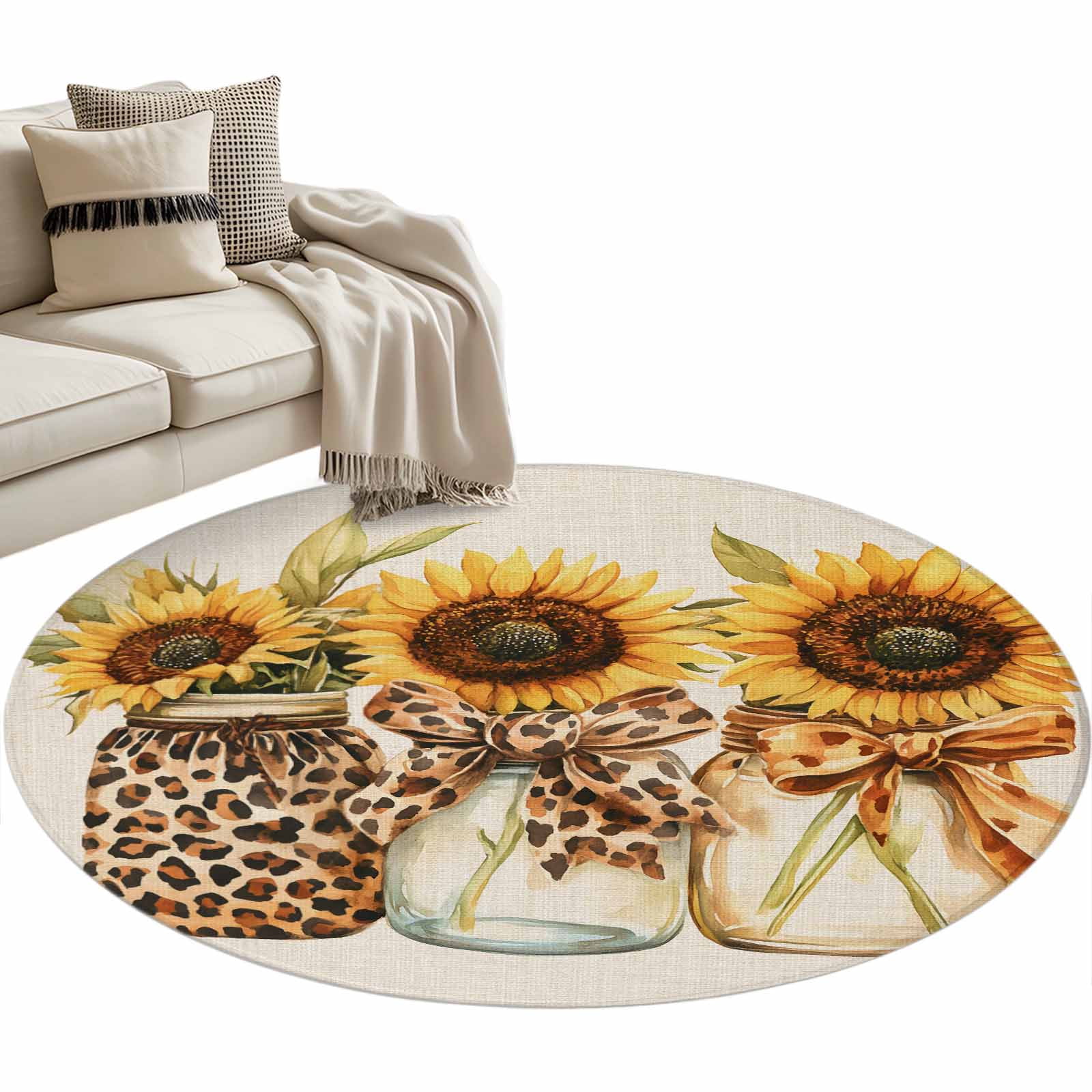 Bow Sunflowers Round Area Rug 3.3ft Fall Leopard Print Vase Floral ...