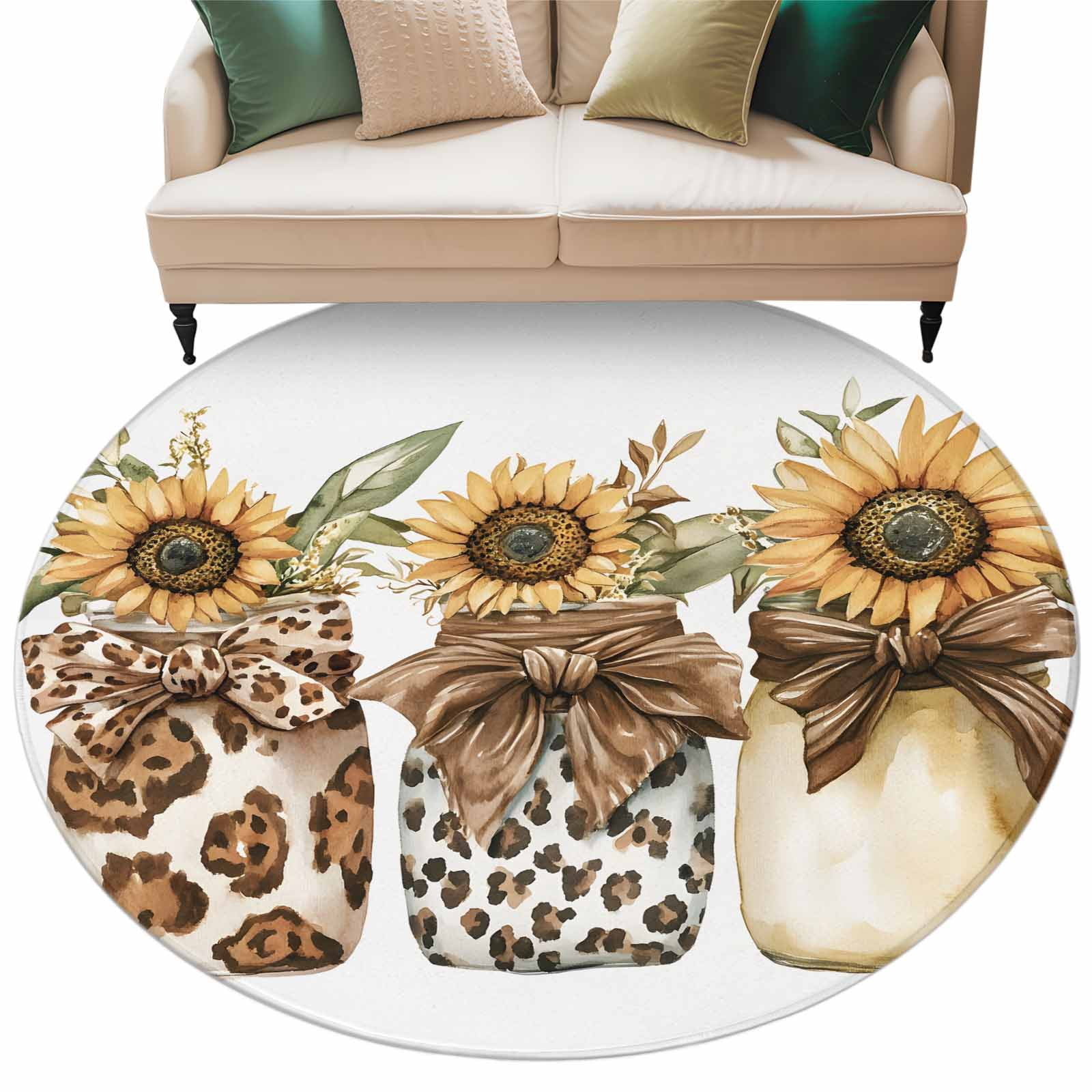 Bow Sunflowers Round Area Rug 6ft Fall Leopard Print Vase Floral Plant ...