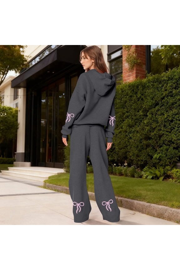 Bow Sweat Set for Women Bow Sweatpants Set for Women Bow Sweat Sets Womens Sweatsuits 2 Piece Set Comfort Bow Hoodie Wide Leg Sweatpants Set Athleisure Sweatset Cute Matching Sweat Sets, Light Gray-M