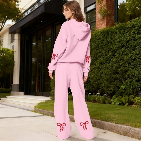 Bow Sweat Sets Bow Hoodie and Sweatpants Set for Women Womens Sweatsuits 2 Piece Set Comfort Bow Hoodie Wide Leg Sweatpants Set Athleisure Sweatset Cute Matching Sweat Sets, Pink-XXXL