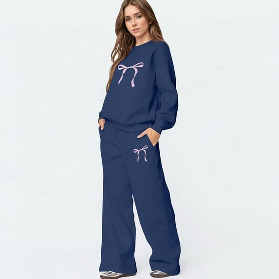 Bow Sweatpants Set Bow Hoodie Set Bow Sweatsuit Bow Matching Sweat Sets for Women Bow Outfits 2 Piece Outfits Spring Fall Clothes Bow Graphic Crewneck Sweatshirt And Pants Clothing Set, Navy XL