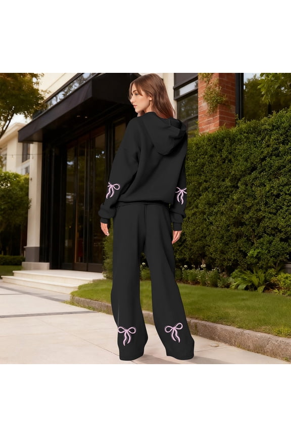 Bow Sweatpants Set for Women Bow Sweat Sets Womens Sweatsuits 2 Piece Set Comfort Bow Hoodie Wide Leg Sweatpants Set Athleisure Sweatset Cute Matching Sweat Sets, Black-L