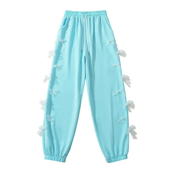 Bow Sweatpants for Juniors High Waisted Cotton Blend Breathable Joggers with Pockets