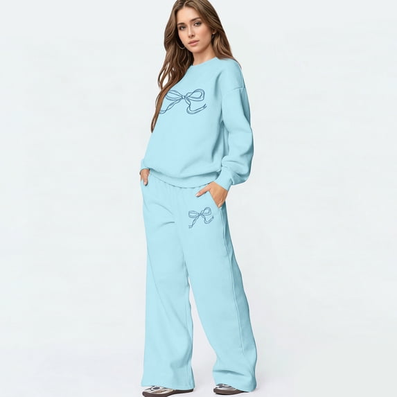 Bow Sweatsuit Bow Matching Sweat Sets for Women Bow Sweatpants Set Sweat Suits for Womens 2 Piece Cute Pullover Sweatshirts Oversized Wide Leg Baggy Sweatpants With Pockets, Light Blue S