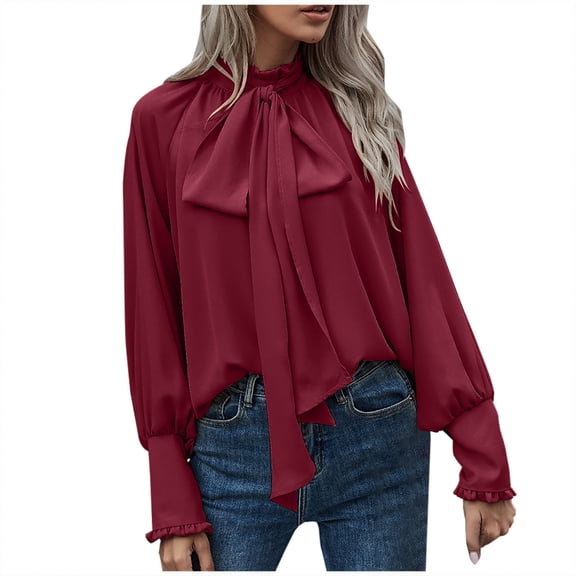 Bow Tie Front Chiffon Blouse for Women Ruffle Long Sleeve Dressy Casual Work Tops Elegant Tunic Loose Tee Fall Blouse