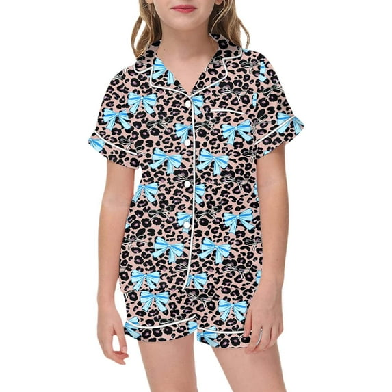 Bow Tie Leopard Print Pajama for Girls Two Piece Short Sleeve Tops Shorts Soft Sleepwear Outfit Toddlers Kids