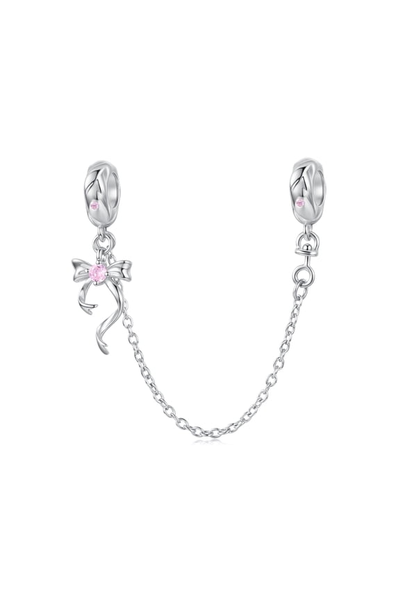 Bow Tie Safety Chain Charm , Genuine 925 Sterling Silver, Compatible with Most Charm Bracelet