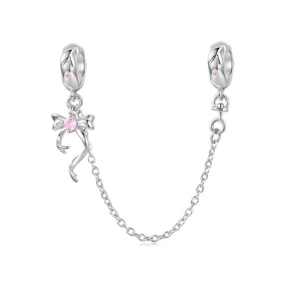Bow Tie Safety Chain Charm , Genuine 925 Sterling Silver, Compatible with Most Charm Bracelet