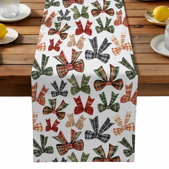 Bow Tie Table Runner, Watercolor Buffalo Plaid Kitchen Table Runners Dress Scarves for Table Decorations Party/Restaurant/Indoor Outdoor Use, 13x36in