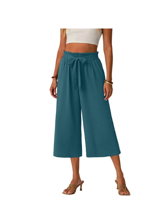 2026 Women's Ruffle Waist Bow Tie Cotton Blend Culottes, Summer Casual Loose Wide Leg Cropped Pants with Pockets S-2XL