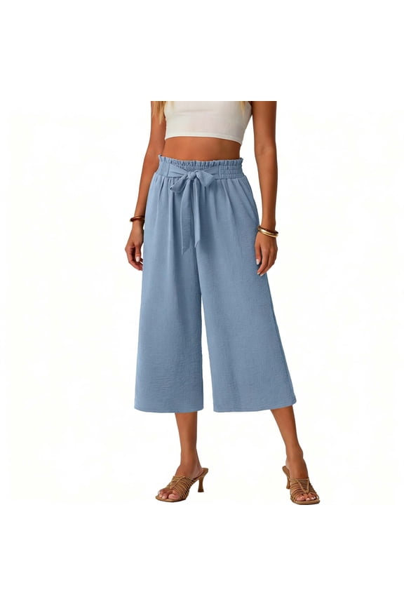 2026 Women's Ruffle Waist Bow Tie Cotton Blend Culottes, Summer Casual Loose Wide Leg Cropped Pants with Pockets S-2XL