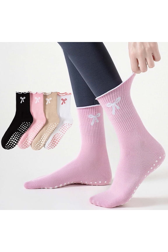 Bow Tie Women's Mid Calf Socks With Anti Slip Gel Pads Specialized Yoga Socks With Embroidered Bow For Fitness Sports Black One Size