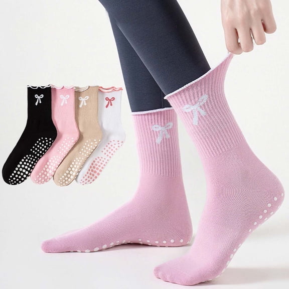 Bow Tie Women's Mid Calf Socks With Anti Gel Pads Specialized Yoga Socks With Embroidered Bow Fitness Sports Black One Size