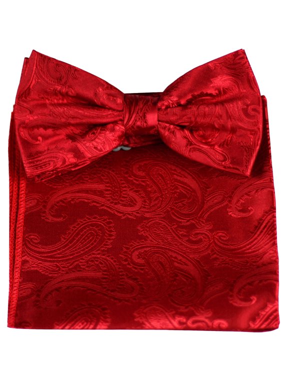 Pretied Adjustable Double Bow-Tie with Pocket Hankie in Red Paisley