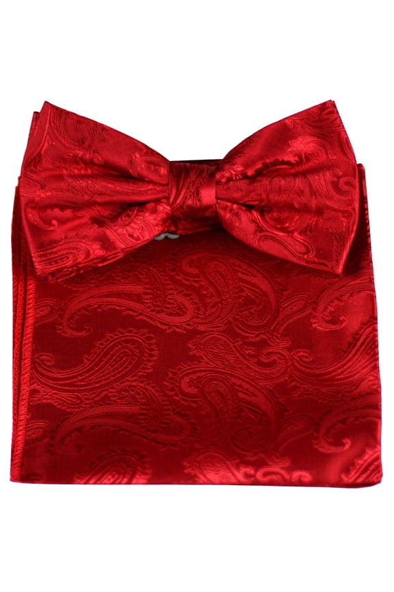 Pretied Adjustable Double Bow-Tie with Pocket Hankie in Red Paisley