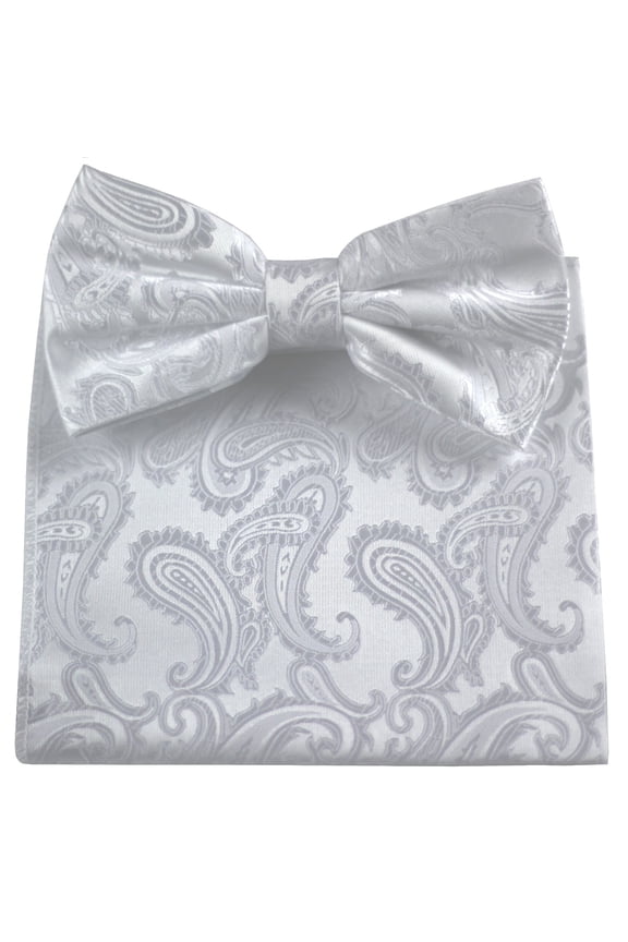 Bow-Tie and Pocket Hankie set in White Paisley