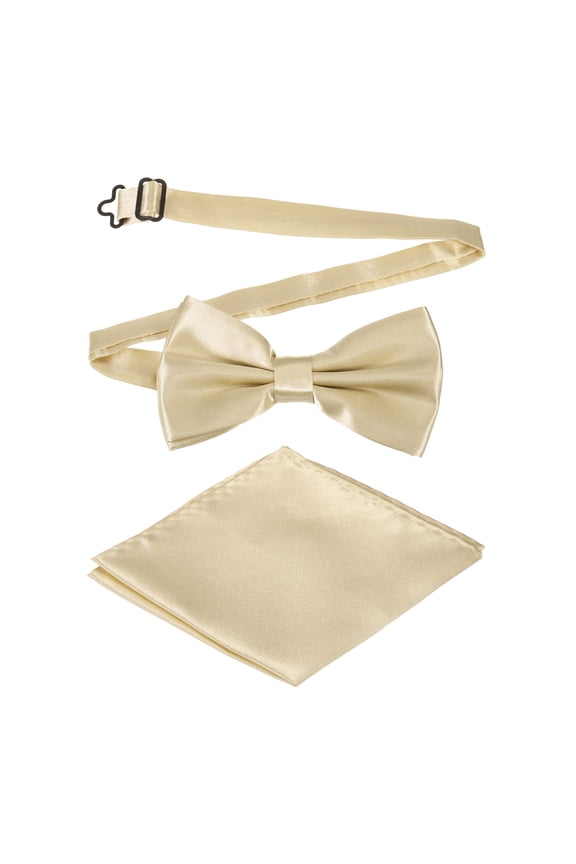 Bow Tie for Men, Adjustable Bow Ties with Pocket Square Pre-tied Bow Ties Sets for Wedding (Light Champagne Gold)