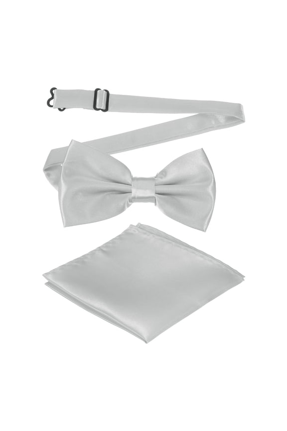 Bow Tie for Men, Adjustable Bow Ties with Pocket Square Pre-tied Bow Ties Sets for Wedding (Silver)