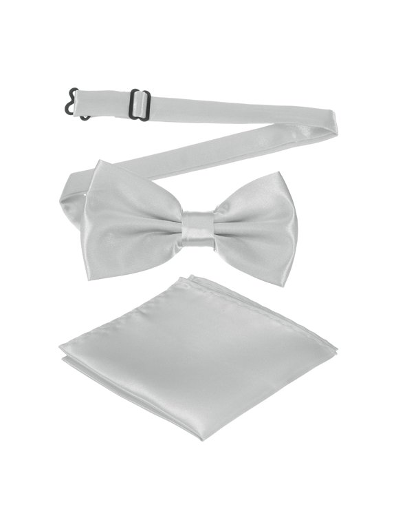 Bow Tie for Men, Adjustable Bow Ties with Pocket Square Pre-tied Bow Ties Sets for Wedding (Silver)