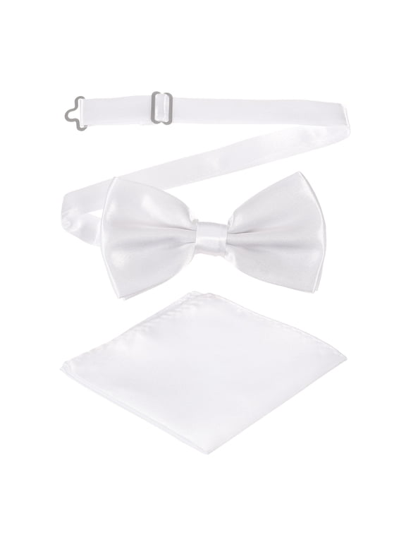Bow Tie for Men, Adjustable Bow Ties with Pocket Square Pre-tied Bow Ties Sets for Wedding (White)