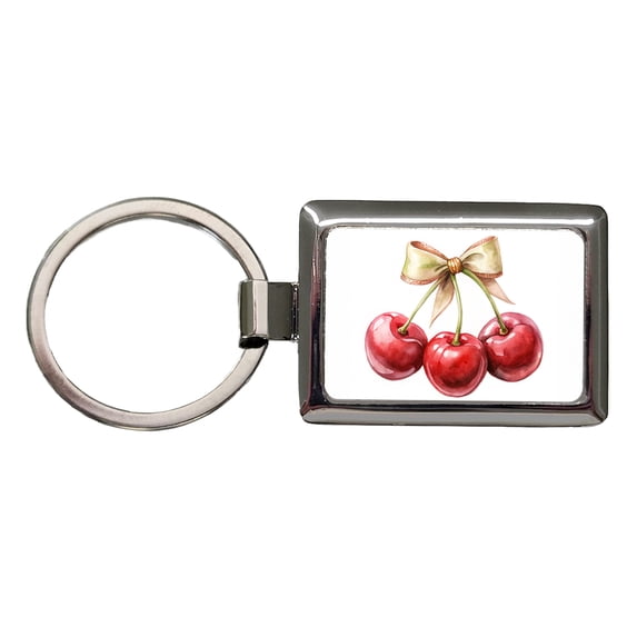 Bow Tied Around Cherries Coquette Metal Rectangle Keychain