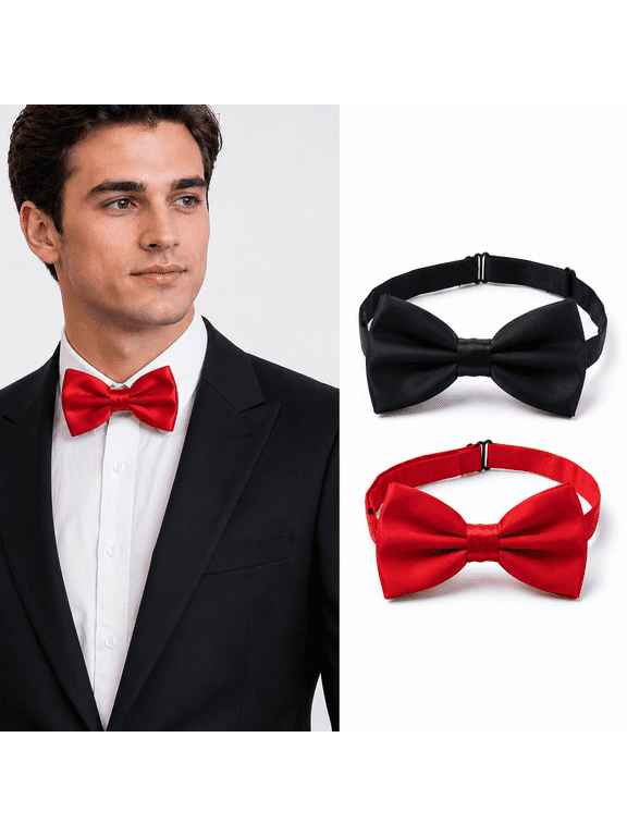 Bow Ties Men's Bow Ties Clip On Formal Solid Tuxedo Adjustable Pre-Tied Bow Ties for Men Red and Black 2 Pcs